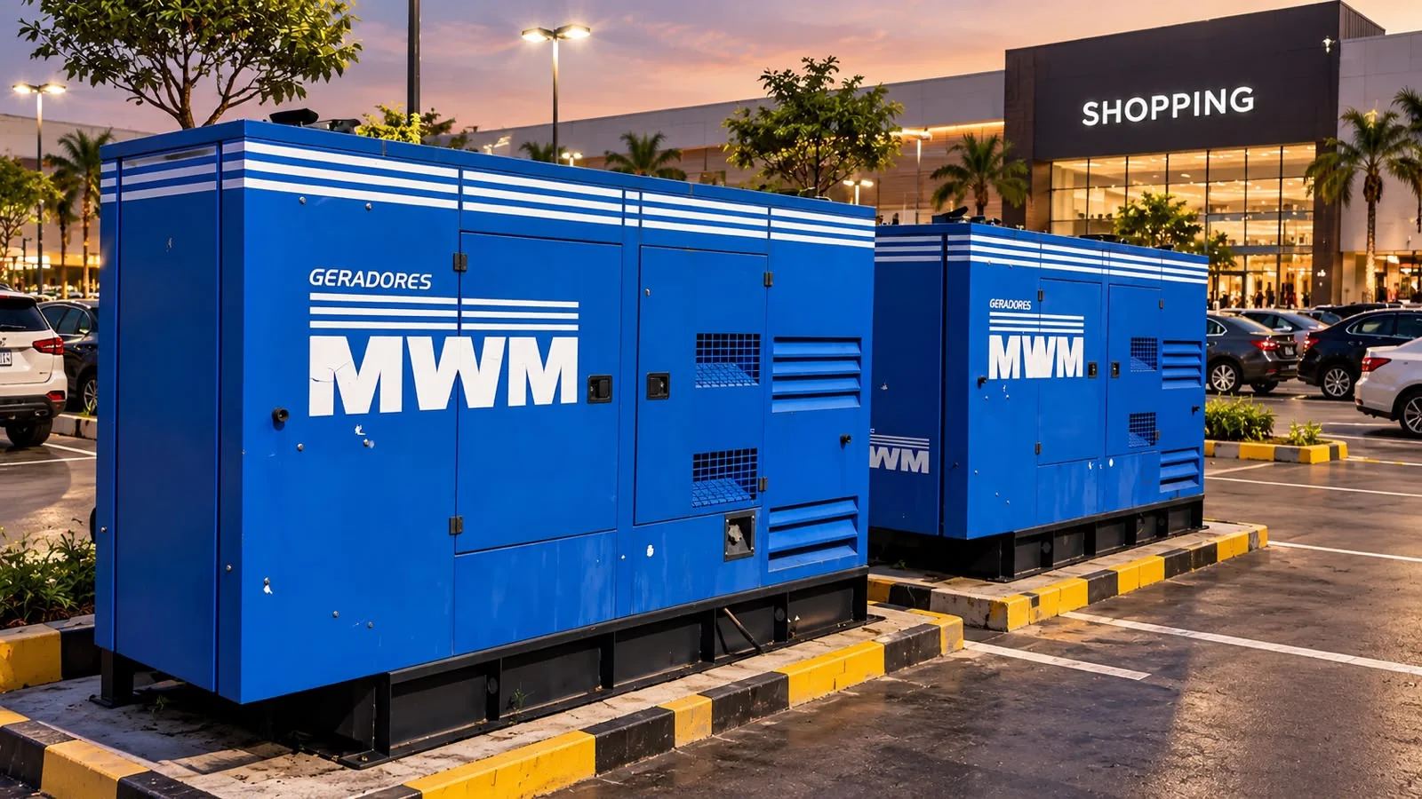 Dois geradores azuis instalados em estacionamento